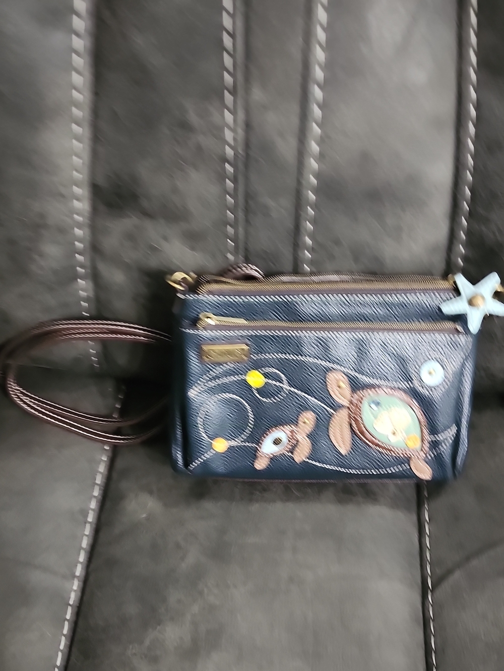 Blue Turtle Appliqué Wristlet Crossbody Bag